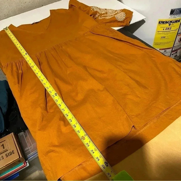 Madewell Linen Blend Embroidered Sleeve Dress Oversized Golden Sun Orange Fall M - Picture 11 of 11